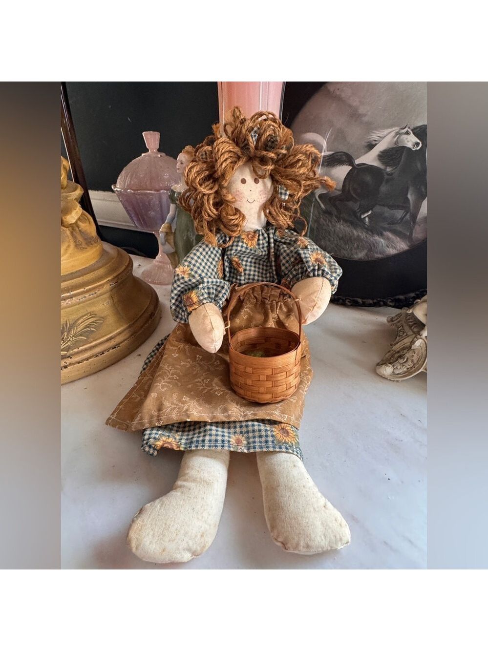 Adorable Handmade Rag Doll Holding Basket of Yarns